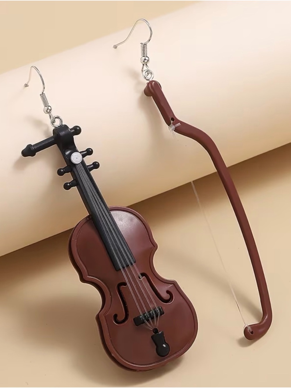 Mini Violin & Bow Replica Drop Earrings in Brown and Black